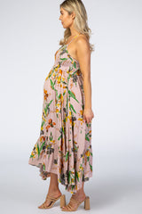 Pink Floral Ruffle Hem Maternity Maxi Dress