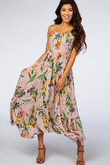 Pink Floral Ruffle Hem Maternity Maxi Dress