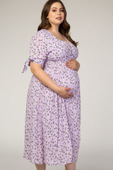 Lavender Floral Tie Sleeve Maternity Plus Midi Dress