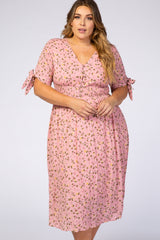 Pink Floral Tie Sleeve Plus Midi Dress