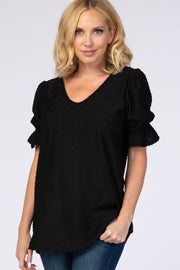 Black Swiss Dot Puff Ruffle Short Sleeve Top