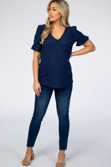 Navy Swiss Dot Puff Ruffle Short Sleeve Maternity Top