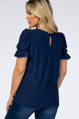 Navy Swiss Dot Puff Ruffle Short Sleeve Maternity Top