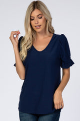 Navy Swiss Dot Puff Ruffle Short Sleeve Maternity Top