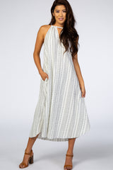 White Vertical Striped Sleeveless High Neck Maxi Dress