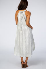 White Vertical Striped Sleeveless High Neck Maxi Dress