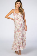 Cream Floral Shimmer Lace-Up Maternity Maxi Dress