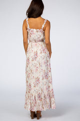 Cream Floral Shimmer Lace-Up Maxi Dress