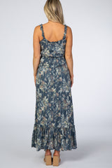 Blue Floral Shimmer Lace-Up Maternity Maxi Dress