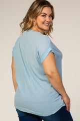 Light Blue Short Cuff Sleeve Maternity Plus Top
