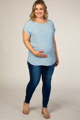 Light Blue Short Cuff Sleeve Maternity Plus Top