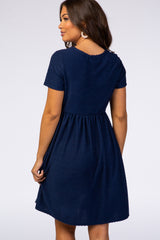 Navy Swiss Dot Short Sleeve Maternity Dress