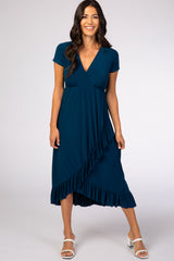 Dark Teal Ruffle Trim Hi-Low Maxi Dress