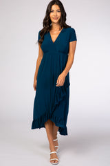 Dark Teal Ruffle Trim Hi-Low Maxi Dress