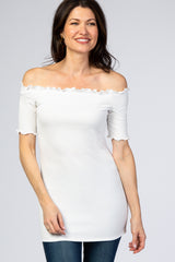 White Off Shoulder Lettuce Hem Maternity Top