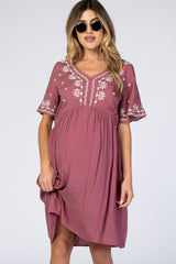 Mauve Embroidered Maternity Midi Dress