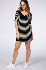 Black Striped V-Neck Short Sleeve Side Pocket Maternity Dress