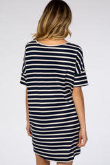 Navy Blue Striped V-Neck Short Sleeve Side Pocket Maternity Dress