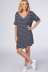 Navy Blue Striped V-Neck Short Sleeve Side Pocket Maternity Dress