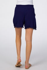 Navy Blue Paper Bag Waist Waist Tie Pom Pom Fringe Maternity Shorts