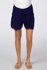 Navy Blue Paper Bag Waist Waist Tie Pom Pom Fringe Maternity Shorts