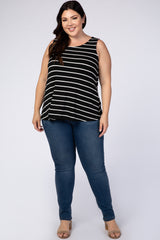Black Striped Sleeveless Round Neck Plus Tank Top