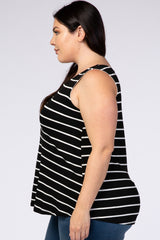 Black Striped Sleeveless Round Neck Plus Tank Top