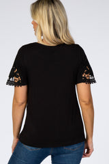 Black Crochet Sleeve Knotted Hem Maternity Top