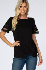 Black Crochet Sleeve Knotted Hem Maternity Top
