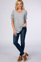 Heather Grey Textured Polka Dot Short Ruffle Sleeve V-Neck Maternity Top