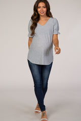 Heather Grey Textured Polka Dot Short Ruffle Sleeve V-Neck Maternity Top