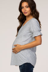 Heather Grey Textured Polka Dot Short Ruffle Sleeve V-Neck Maternity Top