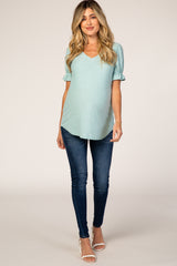 Mint Green Textured Polka Dot Short Ruffle Sleeve V-Neck Maternity Top