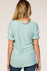 Mint Green Textured Polka Dot Short Ruffle Sleeve V-Neck Maternity Top