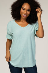 Mint Green Textured Polka Dot Short Ruffle Sleeve V-Neck Maternity Top