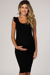 Black Flounce Sleeve Ribbed Maternity Dress