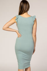 Mint Flounce Sleeve Ribbed Maternity Dress