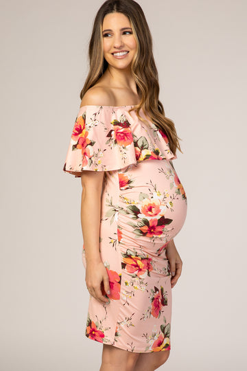 Peach Floral Print Ruffle Fitted Maternity Dress