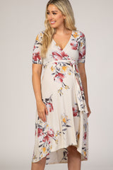 Ivory Floral Draped Hi-Low Maternity Dress