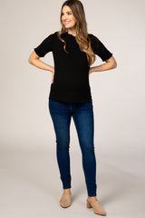 Black Ribbed Ruffle Trim Maternity Top