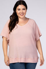 Pink Textured Short Sleeve V-Neck Plus Top