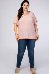 Pink Textured Short Sleeve V-Neck Plus Top