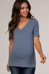 Blue V-Neck Short Sleeve Basic Maternity Top