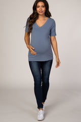 Blue V-Neck Short Sleeve Basic Maternity Top