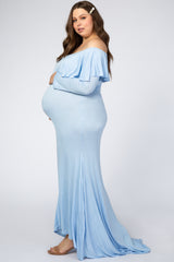 Light Blue Off Shoulder Ruffle Maternity Plus Photoshoot Gown/Dress