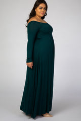 Forest Green Solid Off Shoulder Plus Maxi Dress