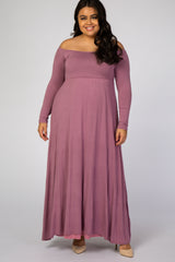 Mauve Solid Off Shoulder Plus Maxi Dress