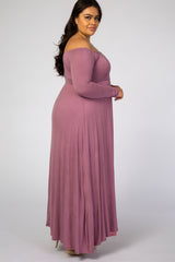 Mauve Solid Off Shoulder Plus Maxi Dress