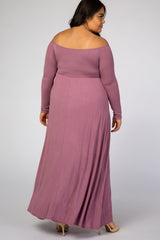 Mauve Solid Off Shoulder Plus Maxi Dress