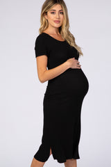 Black Fitted Short Sleeve Maternity Midi Dress